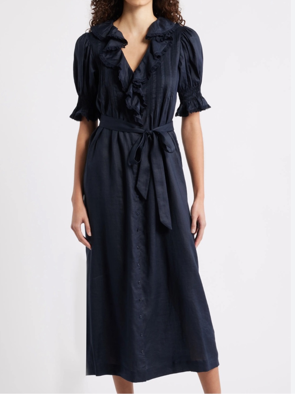 DOEN Harriette Ruffle Pintuck Puff Sleeve Midi Dress size XS